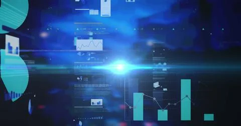Digital interface with data processing against bright spot of light on blue Stock Photos