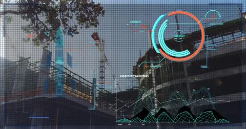 Digital interface with data processing against construction site in background Stockfoto's