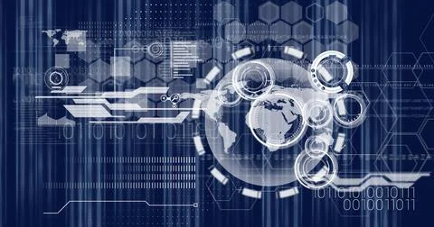 Digital interface with data processing and globe against blue background Stock Photos