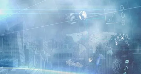 Digital interface with data processing and spot of light against aerial view of Stock Photos