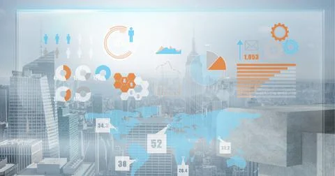 Digital interface with data processing l against aerial view of cityscape Stock Photos