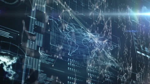 Digital interface data processing over world map against spinning networks of Stock-Footage 139897948