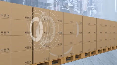 Digital interface with data processing over stack of delivery boxes against Stock Footage 157930913