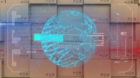 Digital interface with data processing over spinning globe against stack of Stock Footage 173162765