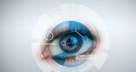 Digital interface with data processing over close up of female eye against grey Stock Footage 329286562