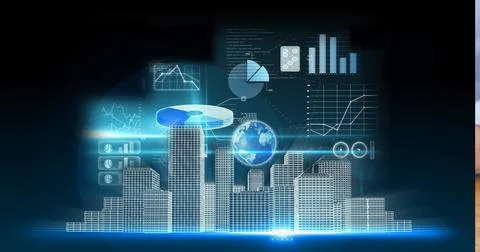 Digital interface with data processing over 3d cityscape model against black Stock Illustration