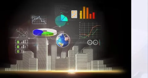 Digital interface with data processing over 3d city model against grey Stock Illustration