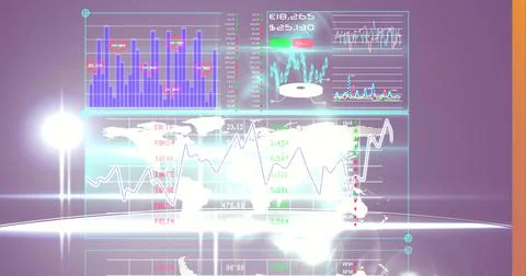 Digital interface with data processing over world map against spot of light on Stock Illustration