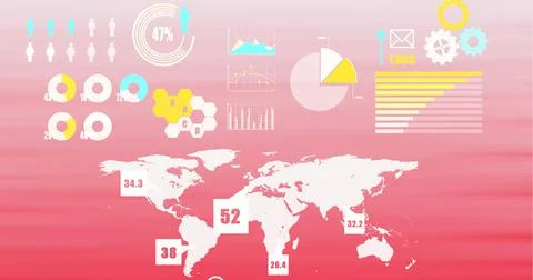 Digital interface with data processing over world map against pink gradient Stock Illustration