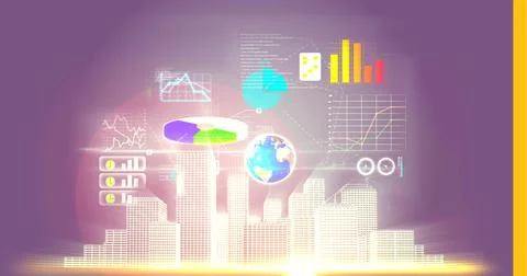 Digital interface with data processing over 3d city model against purple Stock Illustration