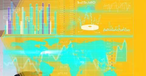 Digital interface with data processing over world map against yellow technology Stock Illustration