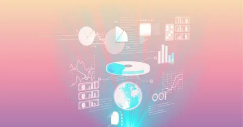 Digital interface with data processing over globe against pink and purple Stock Illustration