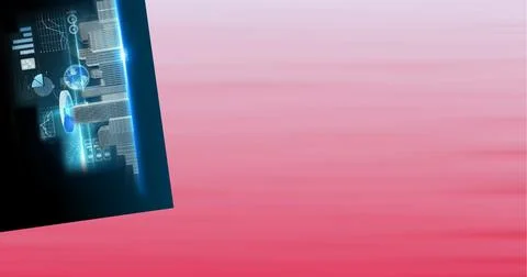 Digital interface with data processing over 3d city model against pink gradient Stock Illustration