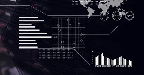 Digital interface with data processing over world map against black technology Stock Illustration