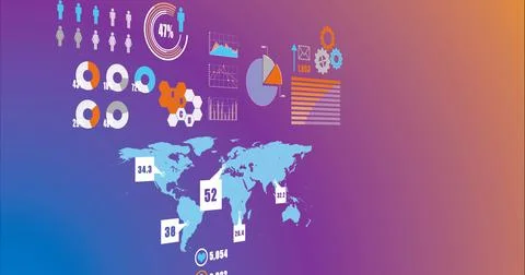 Digital interface with data processing over world map against gradient Illustrazione stock