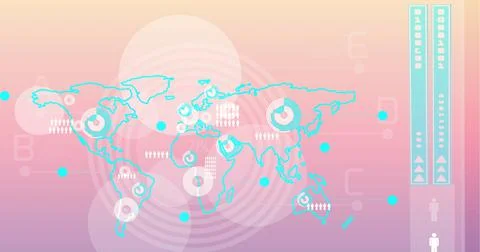 Digital interface with data processing over world map against pink gradient Illustrazione stock