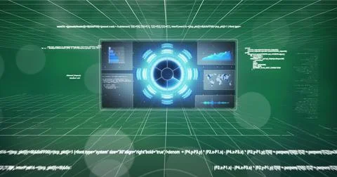 Digital interface with data processing over spot of light against green Ilustração Stock