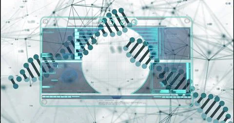 Digital interface with data processing over dna structure spinning against blue Stock Illustration