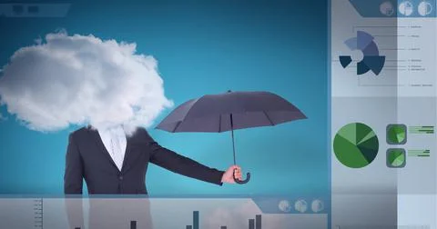 Digital interface with data processing over cloud covering face of businessman Foto stock