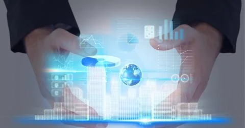 Digital interface with data processing over 3d cityscape model against hands of Stock Photos