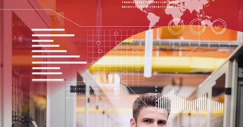 Digital interface with data processing over man in server room against red Foto stock