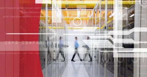 Digital interface with data processing over empty computer server against red Foto stock