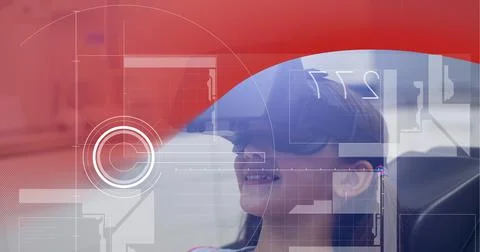 Digital interface with data processing over girl wearing vr headset against red Stock Photos