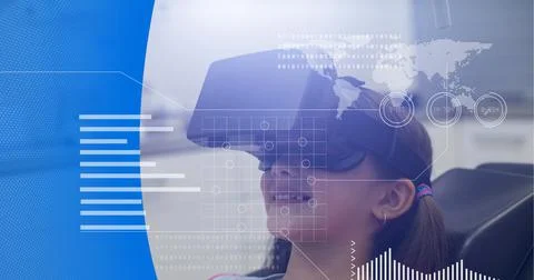 Digital interface with data processing over girl wearing vr headset against blue Stock Photos
