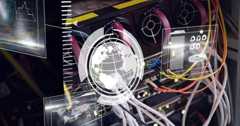 Digital interface with data processing over globe against close up of computer Stock Photos