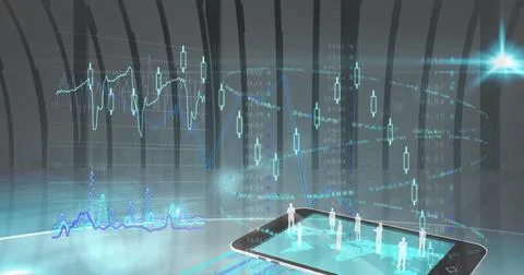 Digital interface with data processing over smartphone icon and blue spot of Stock Photos