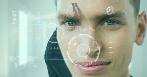 Digital interface with data processing over portrait of caucasian man against Foto stock