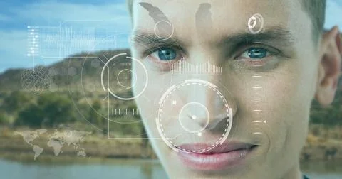 Digital interface with data processing over portrait of caucasian man against Foto stock