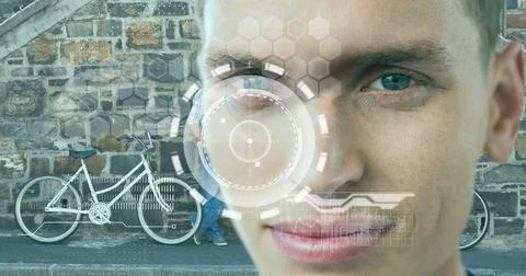 Digital interface with data processing over portrait of caucasian man against Stock Photos