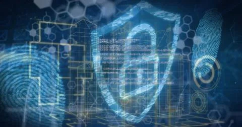 A digital interface with data processing over a digital padlock and fingerprints Stock Photos