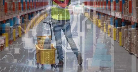 Digital interface with data processing over mid section of a worker cleaning the Stock Photos