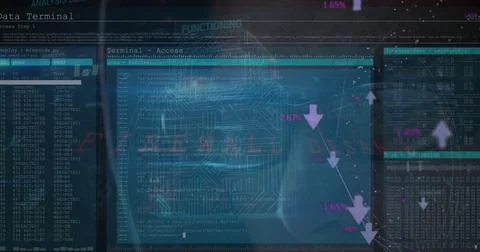 Digital interface displaying complex data analysis and coding in futuristic Stock Photos
