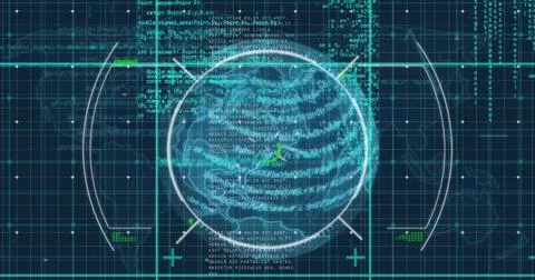 Digital interface displaying complex data and code with futuristic target Photos