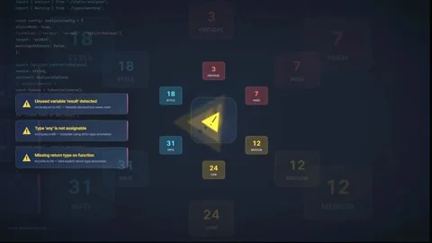 Digital Interface Displaying Computer Programming Code with Error Warnings and 스톡 동영상 340217505