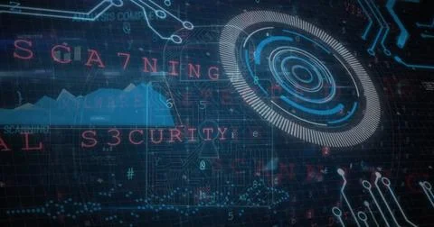 Digital interface displaying cybersecurity elements and scanning processes Stock Photos