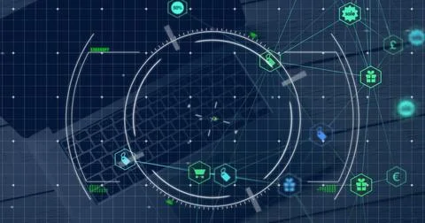 Digital interface displaying cybersecurity icons and data analytics on laptop Stock Photos