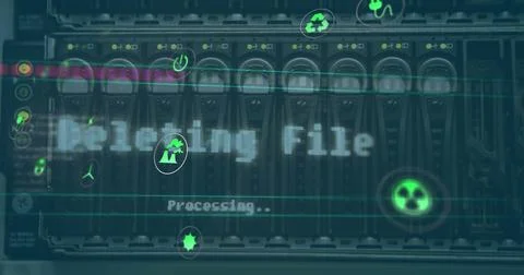 Digital interface displaying Deleting File text over server racks with glowing Photos