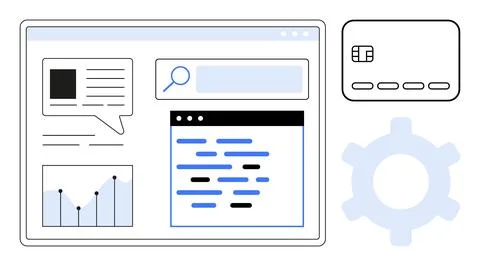 Digital interface displaying financial data, chat bubble, search bar, coding  Illustrazione stock