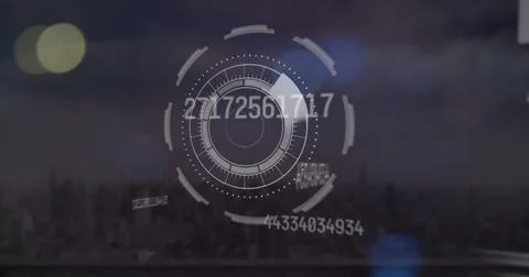 Digital interface displaying futuristic data and numbers over cityscape Stock Photos
