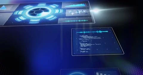 Digital interface displaying futuristic data analytics and code on virtual 스톡 사진