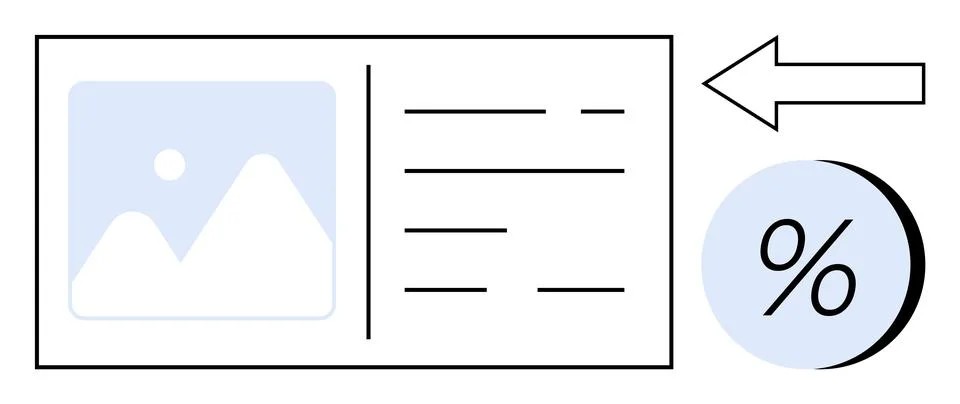 Digital interface displaying an image, text lines, a percentage symbol, and a Stock Illustration