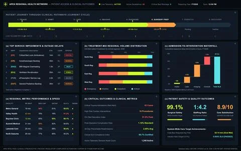 Digital interface displaying medical data analytics, patient flow pathways, a Ilustración de archivo