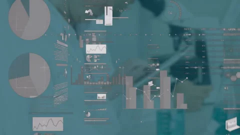 Digital interface displaying pie charts and bar graphs in factory, overlaying Stock Footage 307462397