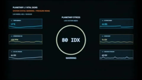 Digital interface displaying planetary vital signs with stress index and Stock Footage 342820267