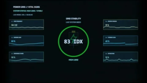Digital interface displaying power grid vital signs with stability index and Stock Footage 345698816
