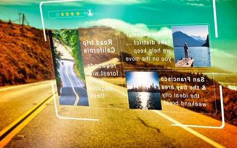Digital interface displaying travel memories road trip lake and cityscapes Stock Photos